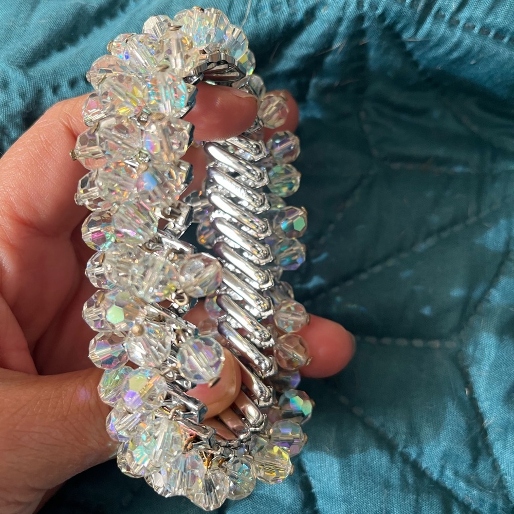 Vintage Japan Expandable Bracelet, Clear Crystal Beads, Cha Cha, 1960s Jewelry